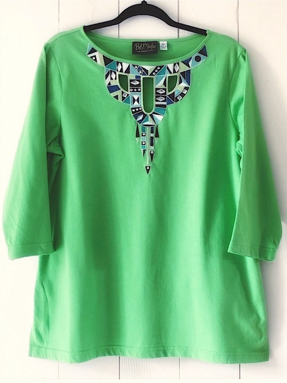 Vintage Bob Mackie Wearable Art Deco Gemstones Green Cotton Top Size Medium